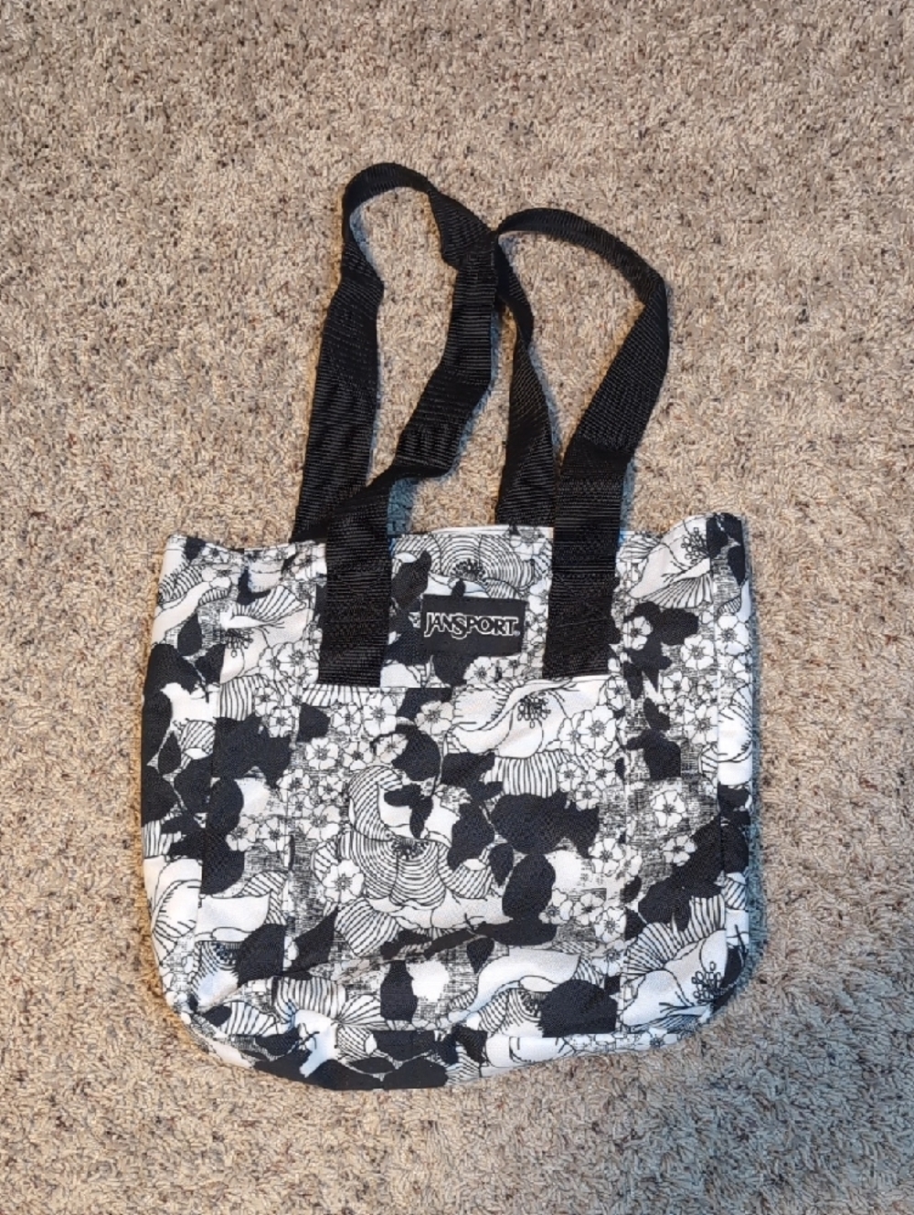JanSport  Lunch Sack Black & White Floral Tote Bag - Picture 2 of 12